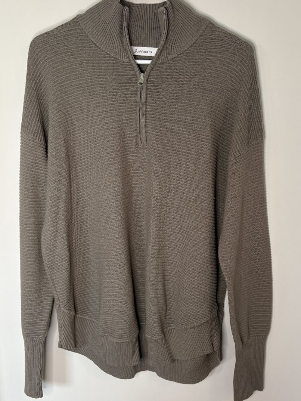 ANRABESS Ribbed Knit Half Zip Sweater XL Taupe Oversize Pullover Cozy Minimalist